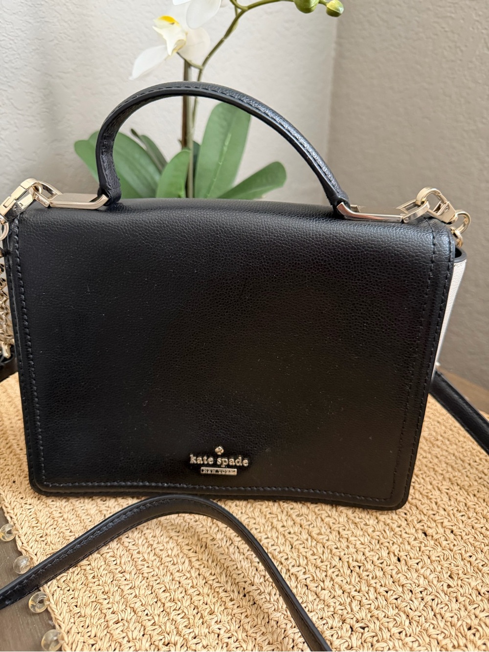 kate spade Black & White Leather Top-Handle Crossbody with Gold Hardware